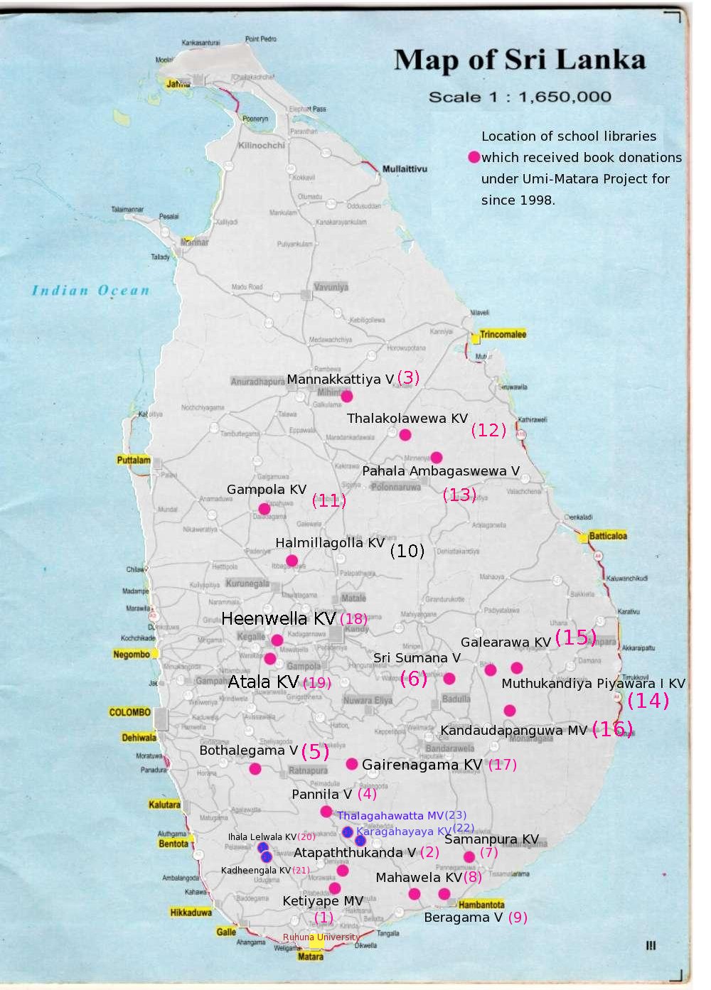 Locations of schools those received book donations up-to-2004